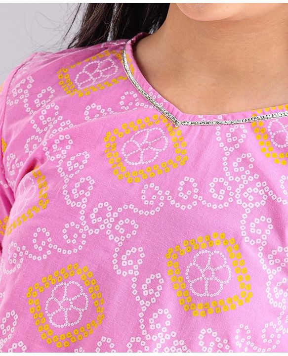 Pine Kids Full Sleeves Cotton Printed Kurti with Palazzo - Pink