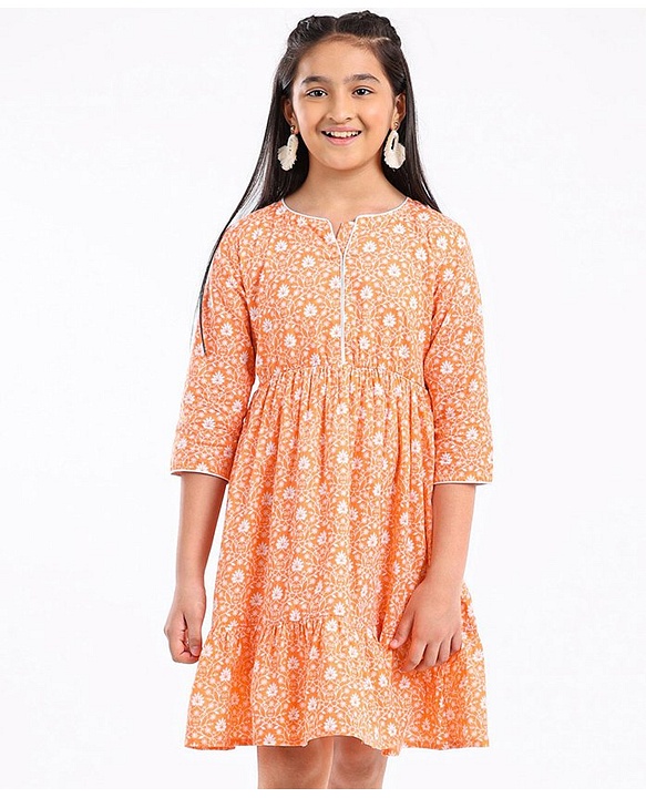 Pine Kids 3/4th Sleeves Cotton Ethnic Dress Floral Print - Coral Orange