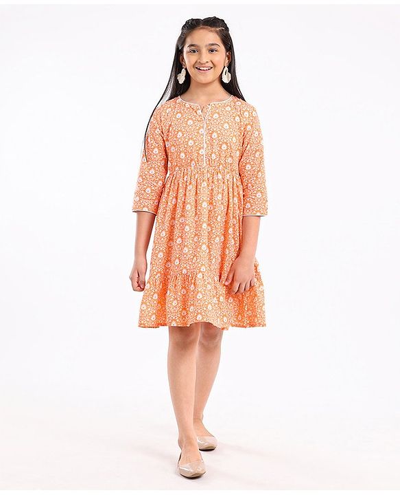 Pine Kids 3/4th Sleeves Cotton Ethnic Dress Floral Print - Coral Orange