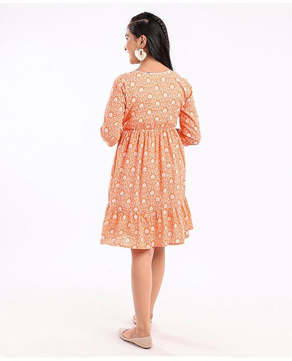 Pine Kids 3/4th Sleeves Cotton Ethnic Dress Floral Print - Coral Orange