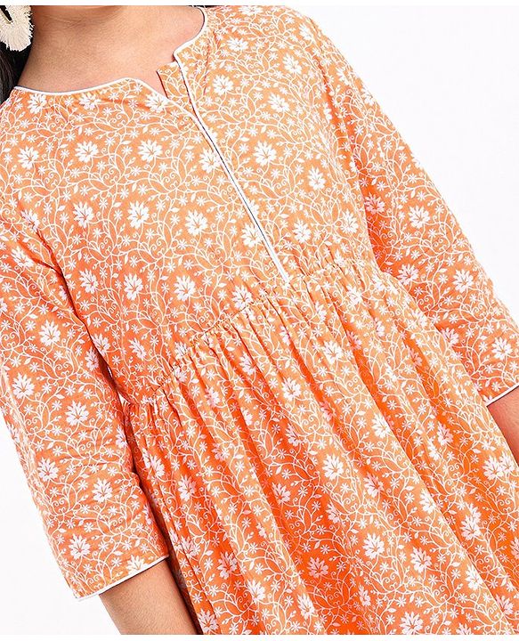Pine Kids 3/4th Sleeves Cotton Ethnic Dress Floral Print - Coral Orange