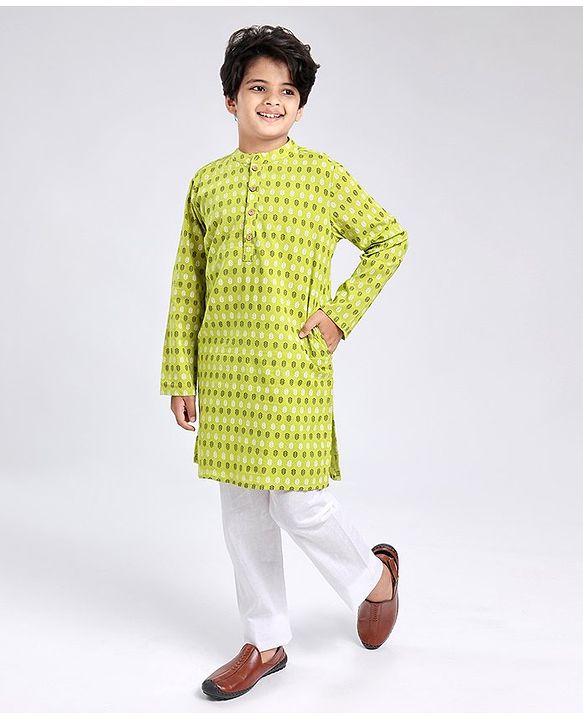 Pine Kids Full Sleeves Cotton Printed Kurta and Pyjama Set - Green