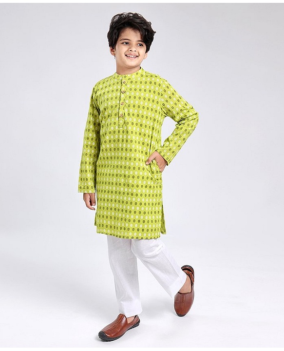 Pine Kids Full Sleeves Cotton Printed Kurta and Pyjama Set - Green