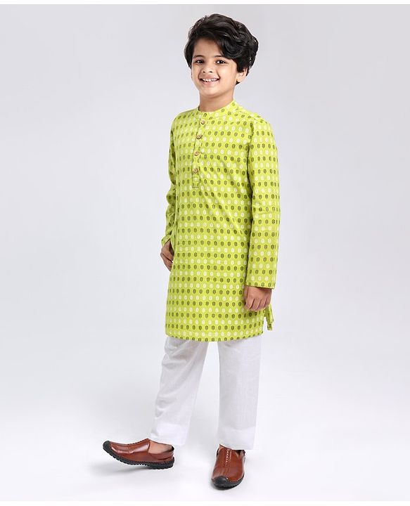 Pine Kids Full Sleeves Cotton Printed Kurta and Pyjama Set - Green