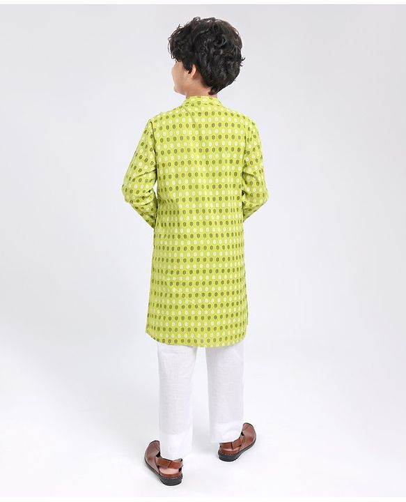 Pine Kids Full Sleeves Cotton Printed Kurta and Pyjama Set - Green