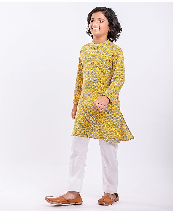 Pine Kids Full Sleeves Printed Kurta & Pyjama Set - Yellow White