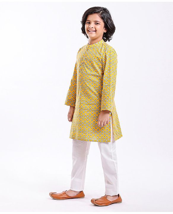 Pine Kids Full Sleeves Printed Kurta & Pyjama Set - Yellow White