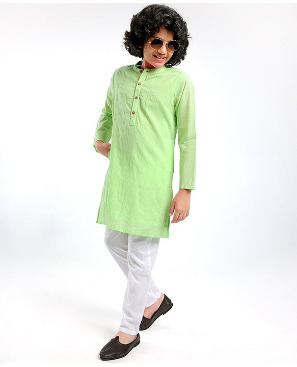 Pine Kids Full Sleeves Cotton Kurta Pajama Set Solid - Green