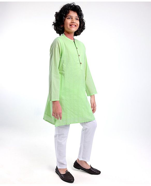 Pine Kids Full Sleeves Cotton Kurta Pajama Set Solid - Green