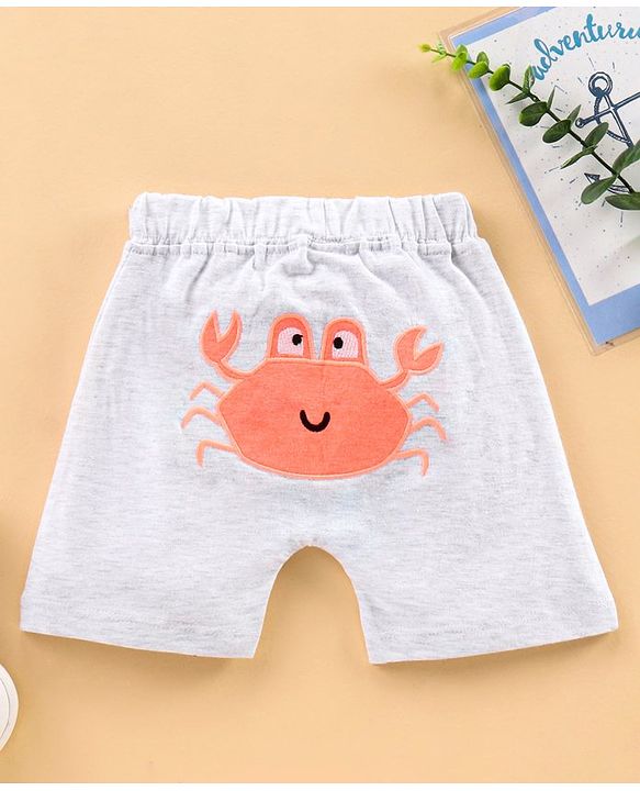 Babyhug Knit Solid Shorts Crab Applique - Melange Grey