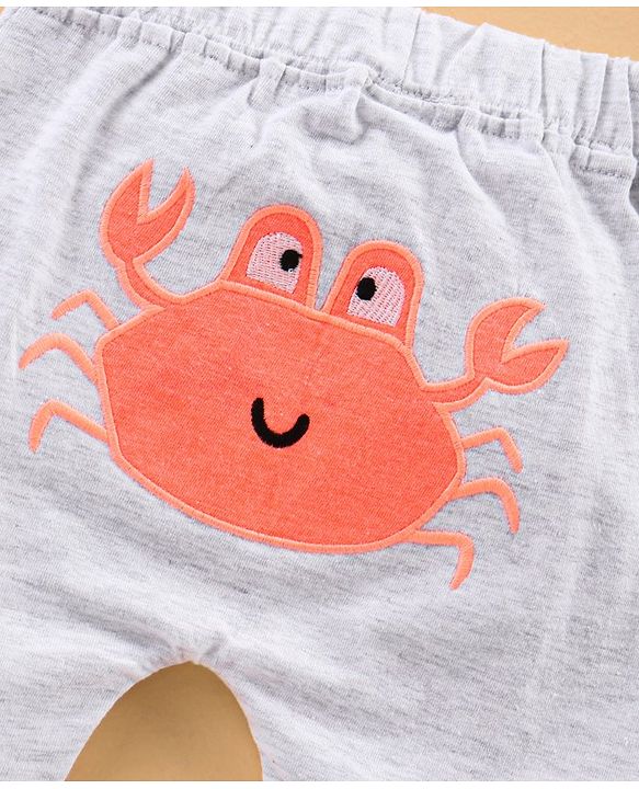 Babyhug Knit Solid Shorts Crab Applique - Melange Grey