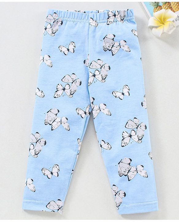 Babyhug Knit Full Length Butterfly Print Leggings - Blue