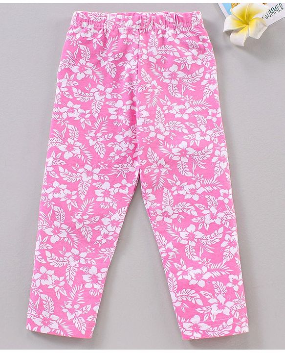 Babyhug Cotton Knitted Full Length Leggings Floral Printed - White Pink
