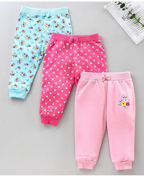 Babyhug Full Length Lounge Pants Floral Print Pack of 3 - Pink Blue