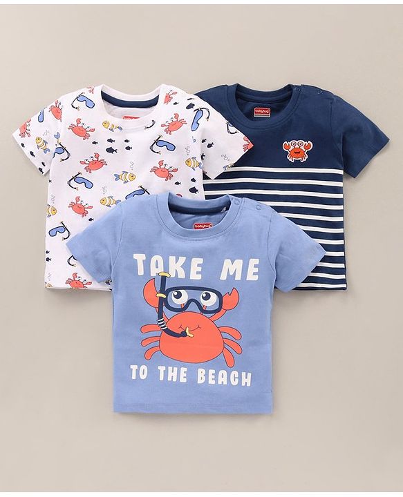 Babyhug Half Sleeves Cotton T-Shirts Multi-Print Pack of 3 - Blue White