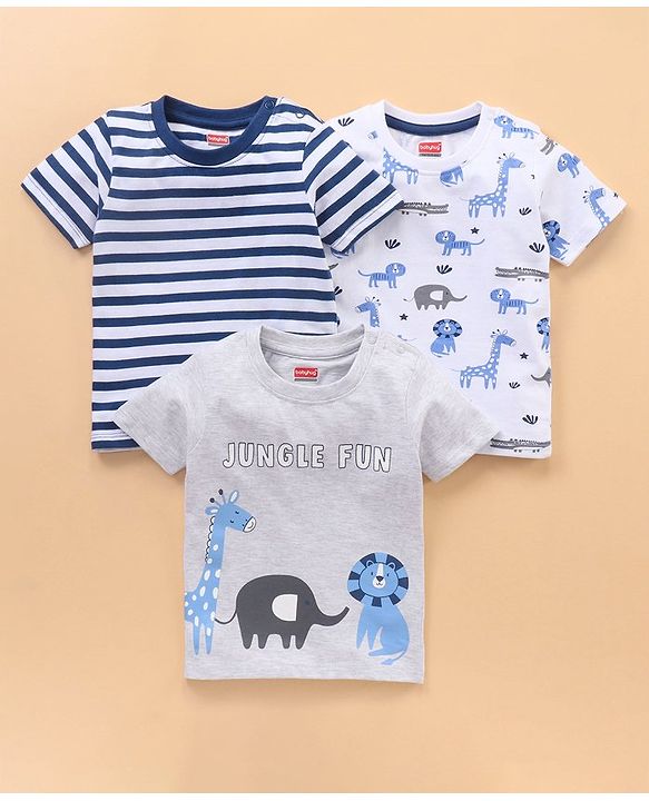 Babyhug Half Sleeves Cotton Striped and Animal Print T-shirts Pack of 3 - Blue Grey