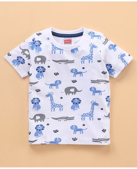 Babyhug Half Sleeves Cotton Striped and Animal Print T-shirts Pack of 3 - Blue Grey
