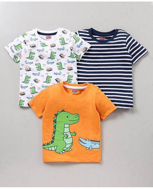 Babyhug Cotton Half Sleeves T Shirt Printed Pack of 3 - Blue Orange White