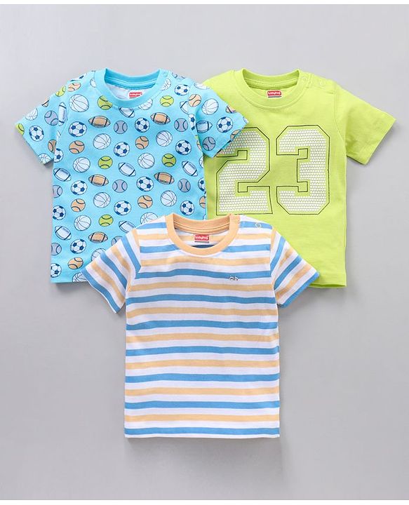 Babyhug Half Sleeves Cotton Football Printed and Striped T-shirts Pack of 3 - Multicolour