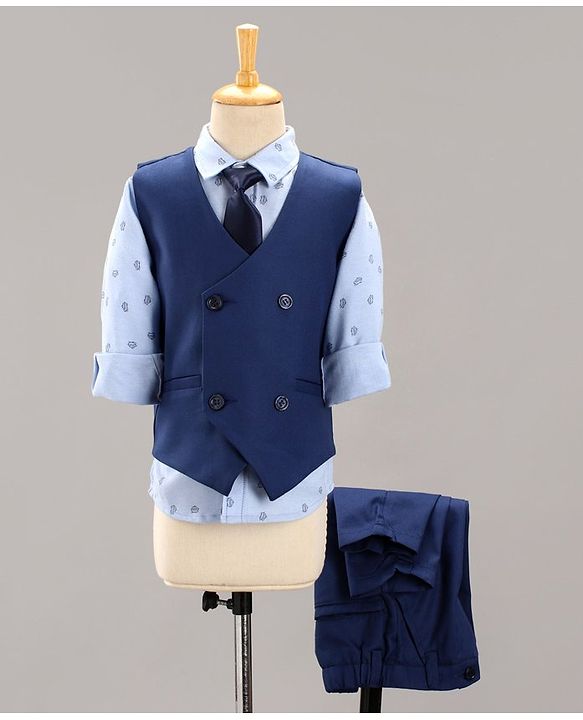 Babyhug Full Sleeves Party Suit Boat Print With Tie - Blue Grey