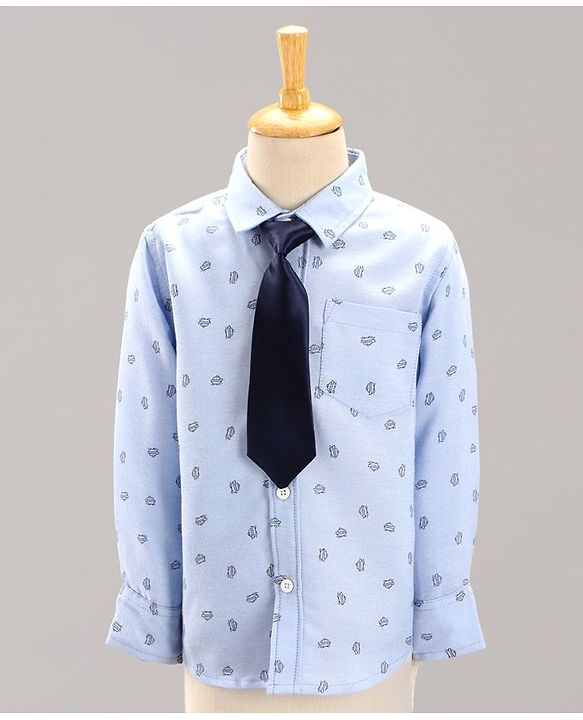 Babyhug Full Sleeves Party Suit Boat Print With Tie - Blue Grey