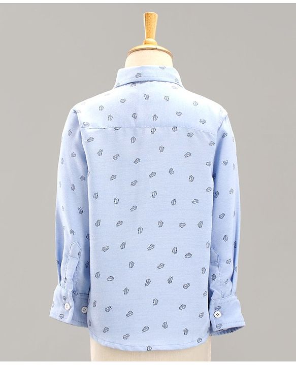 Babyhug Full Sleeves Party Suit Boat Print With Tie - Blue Grey