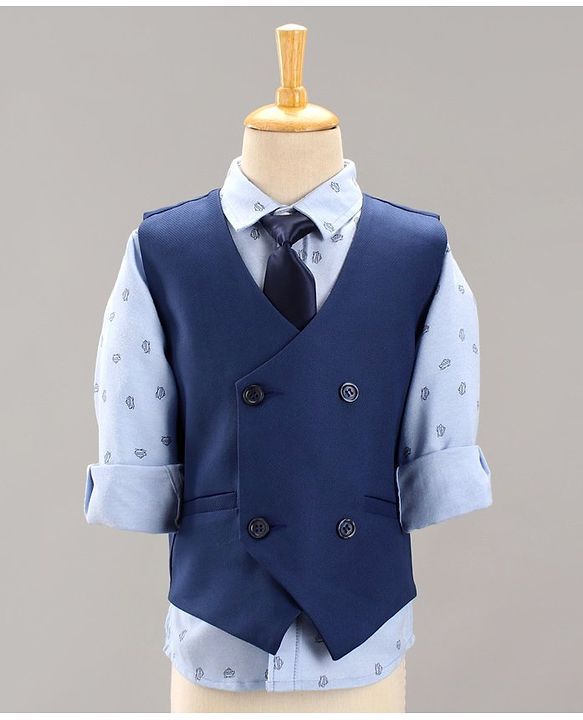 Babyhug Full Sleeves Party Suit Boat Print With Tie - Blue Grey