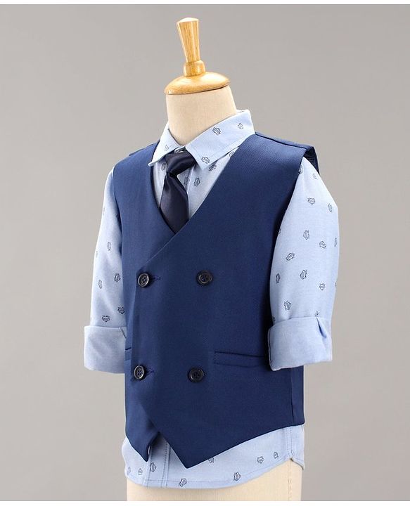 Babyhug Full Sleeves Party Suit Boat Print With Tie - Blue Grey