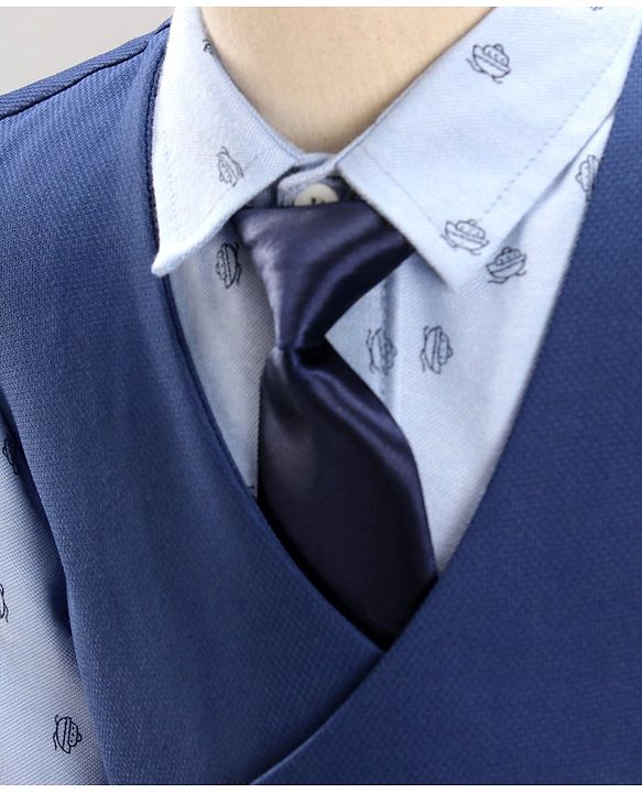 Babyhug Full Sleeves Party Suit Boat Print With Tie - Blue Grey
