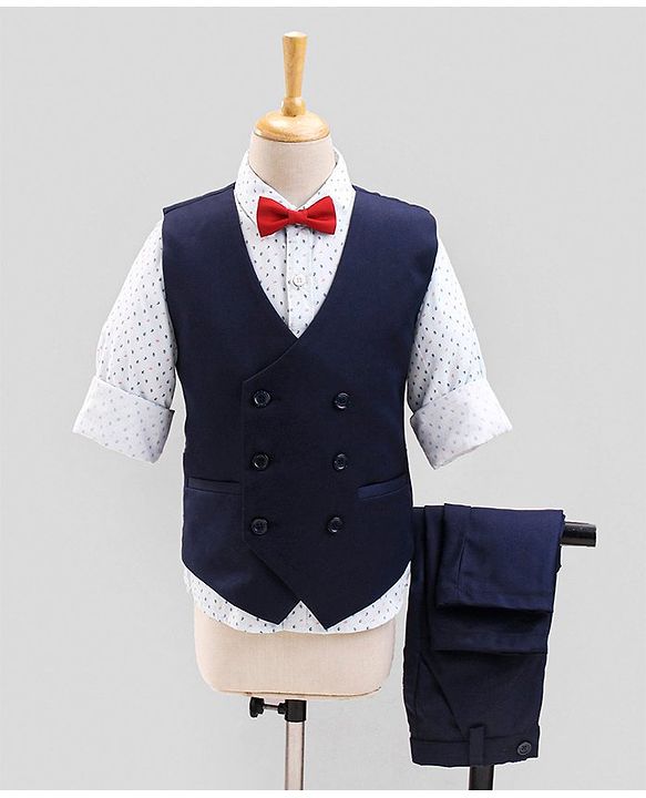 Babyhug Full Sleeves All Over Printed Shirt & Pant Set With Waistcoat - Blue