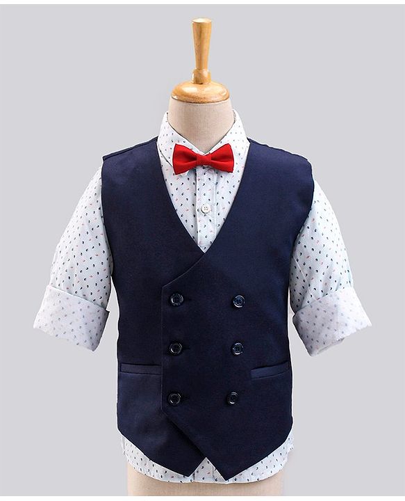 Babyhug Full Sleeves All Over Printed Shirt & Pant Set With Waistcoat - Blue