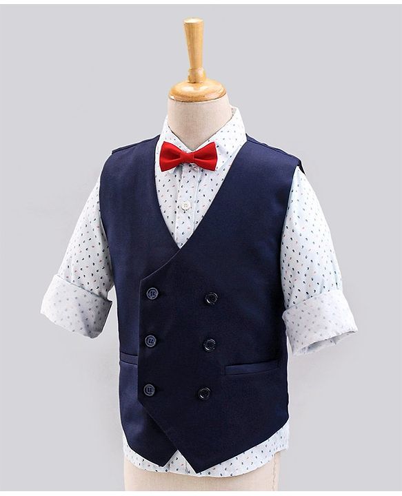 Babyhug Full Sleeves All Over Printed Shirt & Pant Set With Waistcoat - Blue