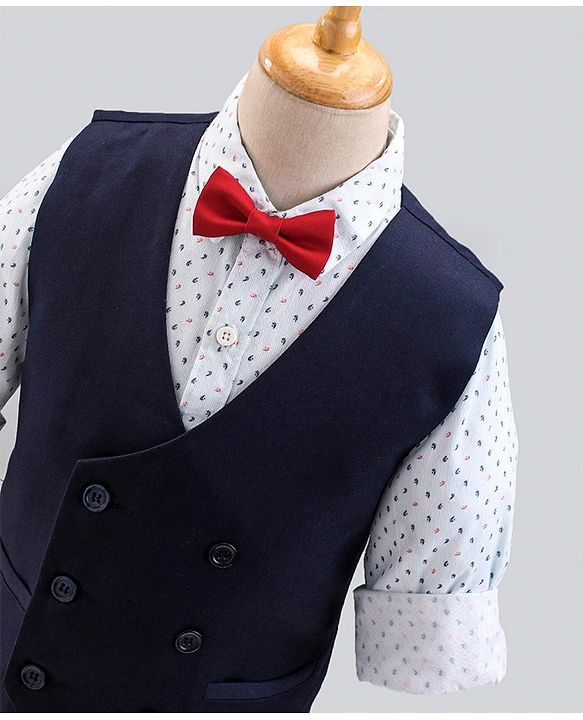 Babyhug Full Sleeves All Over Printed Shirt & Pant Set With Waistcoat - Blue
