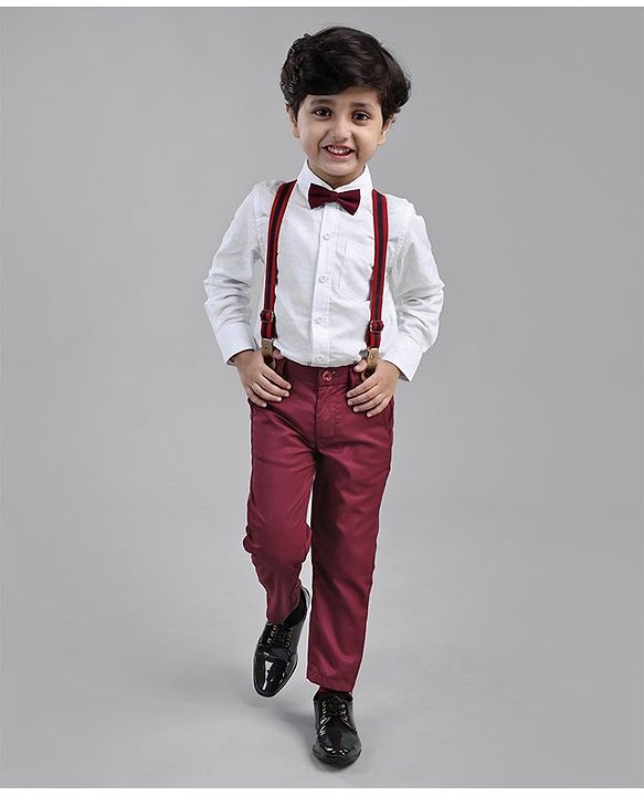 Babyhug Full Sleeves Shirt & Trouser Set with Suspenders & Bow - Red White