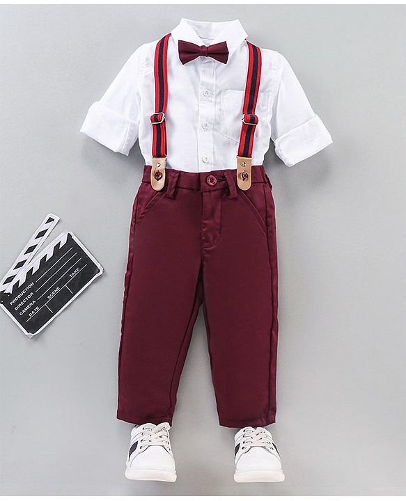 Babyhug Full Sleeves Shirt & Trouser Set with Suspenders & Bow - Red White