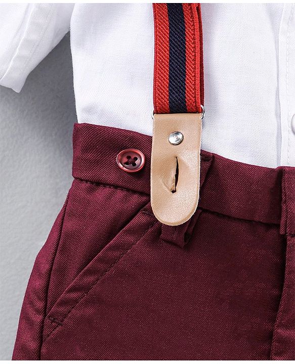 Babyhug Full Sleeves Shirt & Trouser Set with Suspenders & Bow - Red White