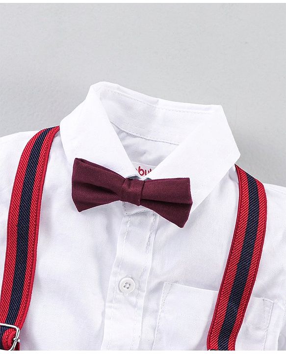 Babyhug Full Sleeves Shirt & Trouser Set with Suspenders & Bow - Red White
