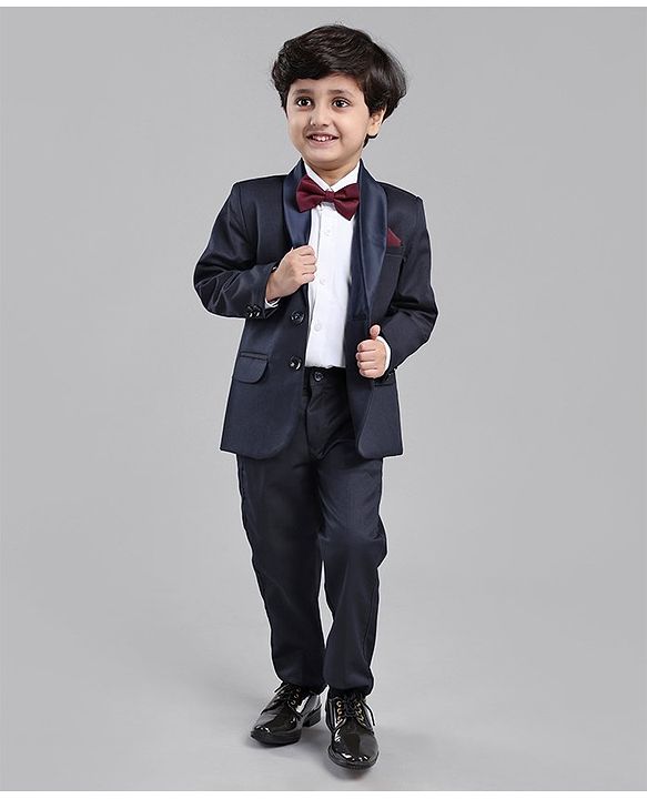 Babyhug Full Sleeves 5 Piece Party Suit With Bow & Pocket Square - Dark Blue