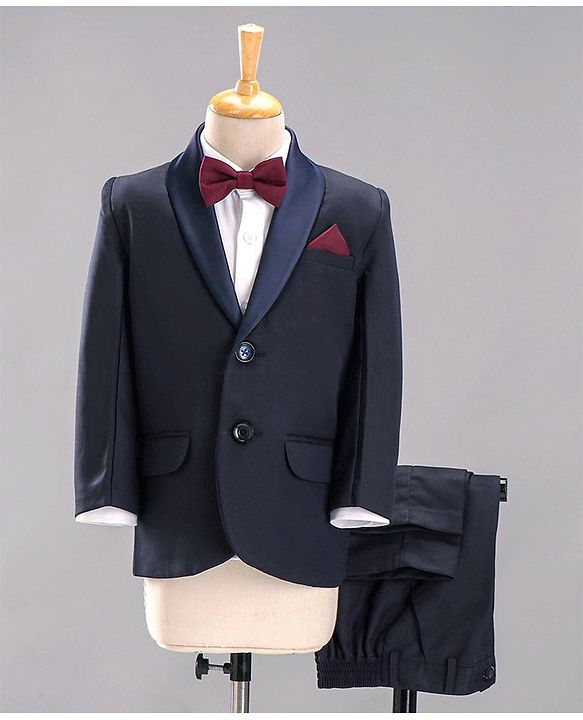 Babyhug Full Sleeves 5 Piece Party Suit With Bow & Pocket Square - Dark Blue