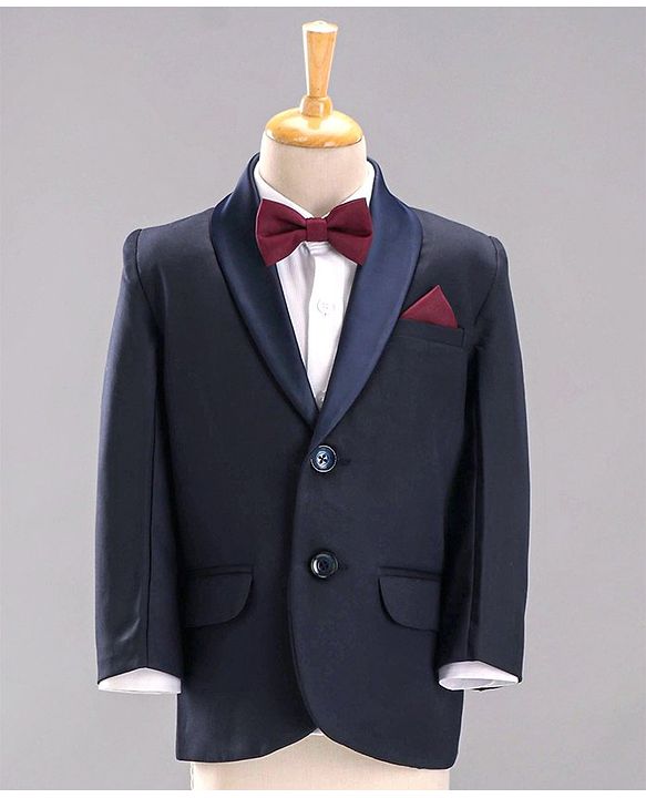 Babyhug Full Sleeves 5 Piece Party Suit With Bow & Pocket Square - Dark Blue