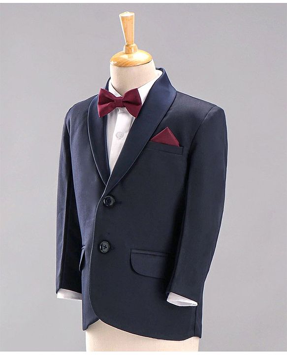 Babyhug Full Sleeves 5 Piece Party Suit With Bow & Pocket Square - Dark Blue