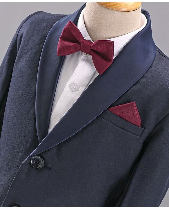 Babyhug Full Sleeves 5 Piece Party Suit With Bow & Pocket Square - Dark Blue