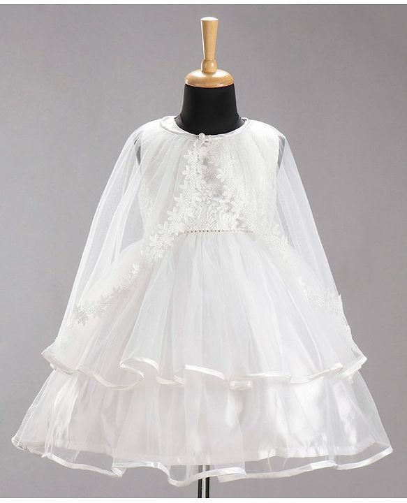 Babyhug Sleeveless Party Wear Embroidered Frock With Cape - White