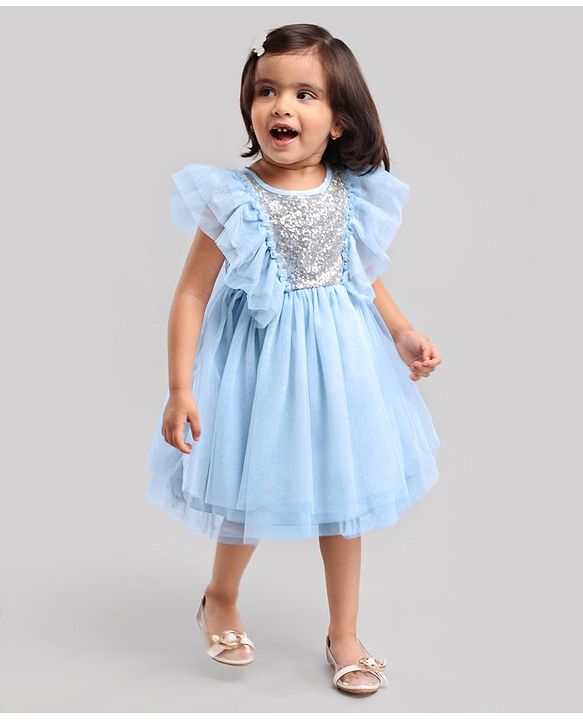 Babyhug Woven Sleeveless Ruffled Party Frock Sequin - Blue