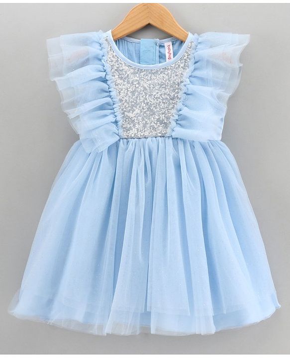 Babyhug Woven Sleeveless Ruffled Party Frock Sequin - Blue