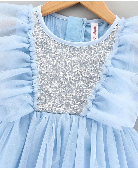 Babyhug Woven Sleeveless Ruffled Party Frock Sequin - Blue