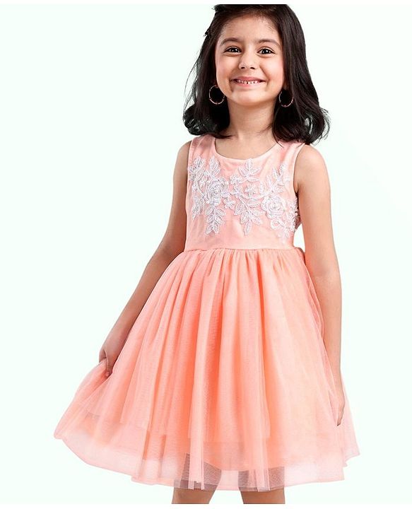 Babyhug Sleeveless Party Wear Embroidered Frock With Net Detailing- Peach