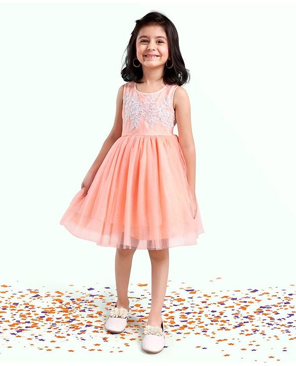 Babyhug Sleeveless Party Wear Embroidered Frock With Net Detailing- Peach