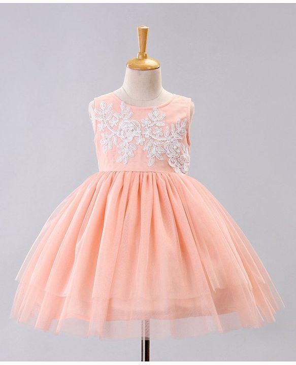 Babyhug Sleeveless Party Wear Embroidered Frock With Net Detailing- Peach