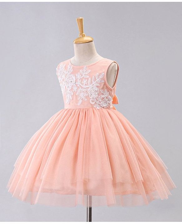 Babyhug Sleeveless Party Wear Embroidered Frock With Net Detailing- Peach